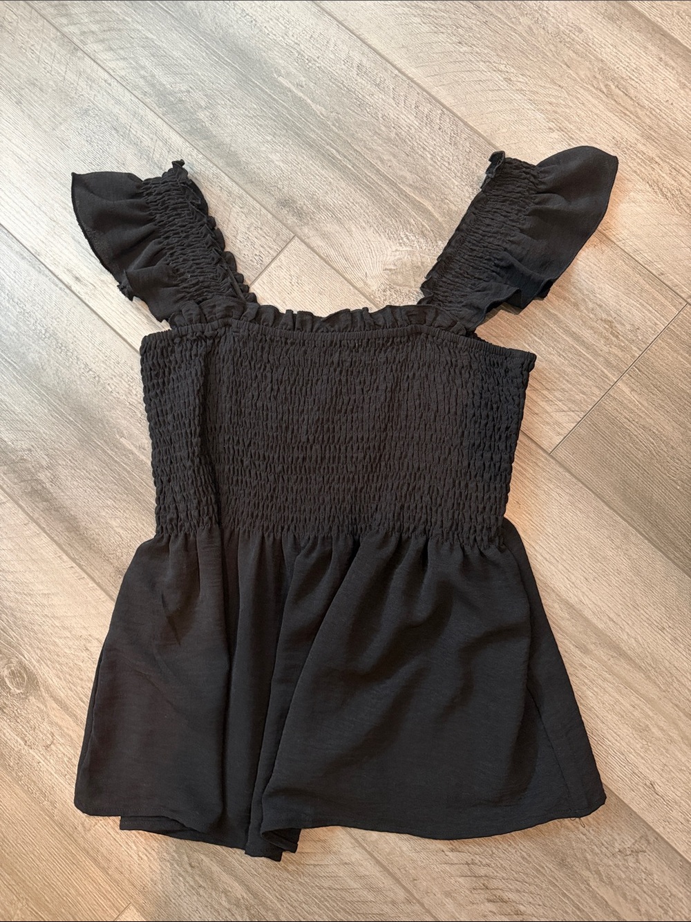 Smocked Ruffle Strap Black Women's Top